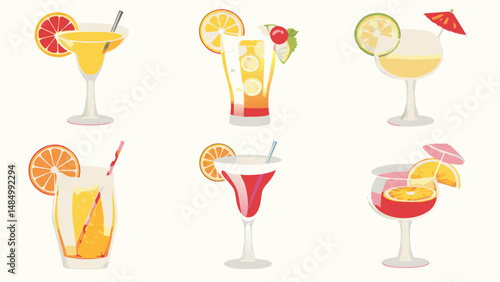 Six colorful cocktails with fruit slices and straws arranged on a white background in a simple illustration