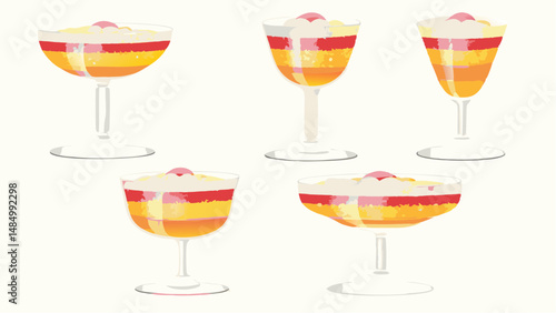 Five layered desserts in stemmed glasses with cherry on top arranged on a white background in a pattern