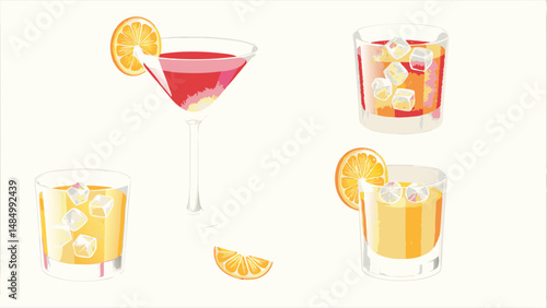 Illustration showcasing a variety of refreshing cocktails with ice and orange slices on a white backdrop