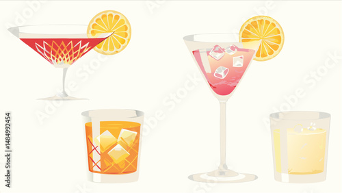 Illustration of four different cocktail glasses with various drinks and lemon slice garnishes shown