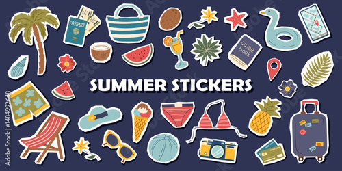 Set of summer travel beach stickers isolated. Travel and vacation concept. Vector flat cliparts.