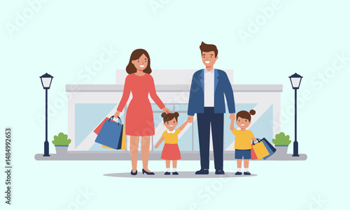 Family Shopping at the Mall Illustration.  Illustration of a family with two daughters after shopping at the mall.