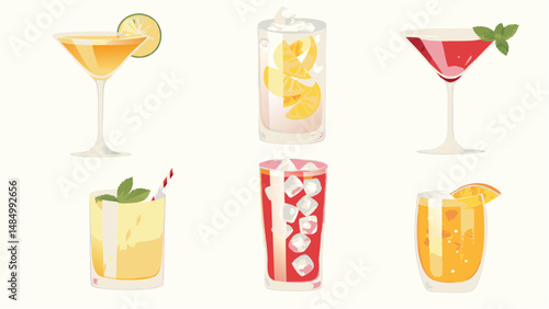 Illustration of six different cocktails in glasses with various garnishes on a white background image art