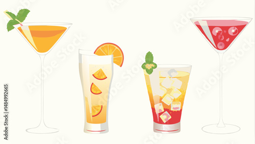 Illustration of four different cocktails with various garnishes and colors on a white background scene art