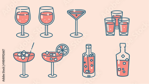 Illustration of various alcoholic beverages including wine glasses cocktails and bottles on a light background