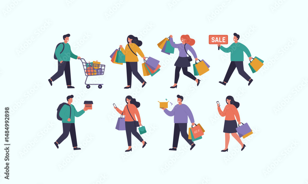Set of Shopping People Illustrations with bags, carts, and sale signs. Set of Shopping People Illustrations with bags, carts, and sale signs.
