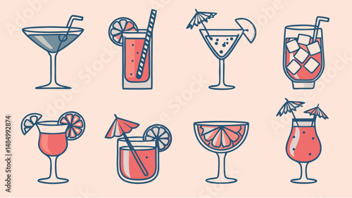Illustration of various cocktail glasses with drinks, straws, ice, umbrellas, and citrus fruit slices