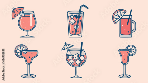 Illustration of six different cocktails in various glasses with straws, ice cubes, and fruit garnishes