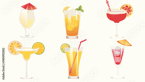 Illustration showing six different cocktails with various garnishes and colorful liquids served in glasses