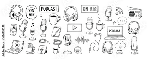 Hand-drawn sketch collection of podcasting icons: microphones, headphones, laptops, coffee cups, "On Air" signs, and audio waves. Ideal for podcast design, media projects, and creative branding. Black