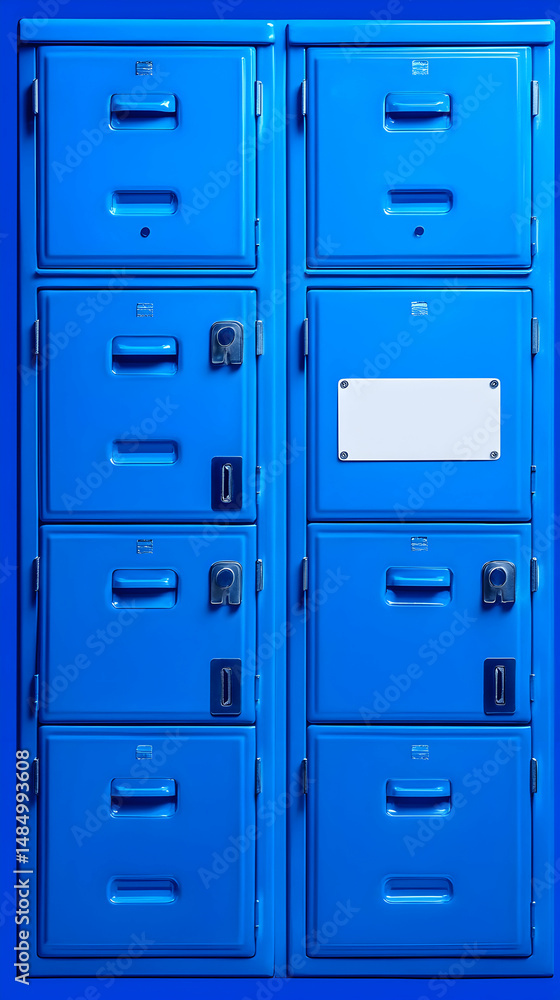 Fototapeta premium A pair of vibrant blue metal lockers, each with six compartments and small keyholes, stands against a matching blue background; one locker features a blank white rectangular label
