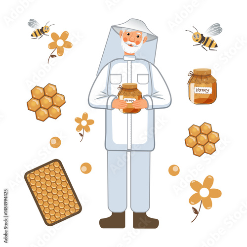 Flat Illustration Set: Beekeeping Collection including a isolated elements: beekeeper, bees, honey, flowers, and honeycombs. For Honey product packaging, Eco-friendly branding, Nature-themed designs