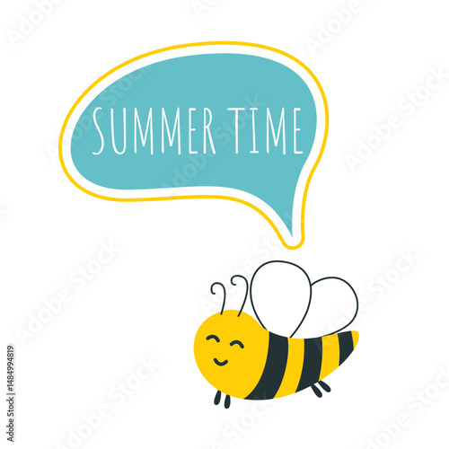 Cute bee says it's summer time. Funny bee character in flight. Cute seasonal illustration, vector graphics