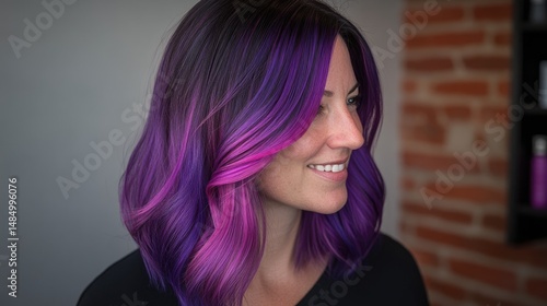 Woman with vibrant purple and pink ombre hair, shoulder length, wavy style, smiling subtly. 
