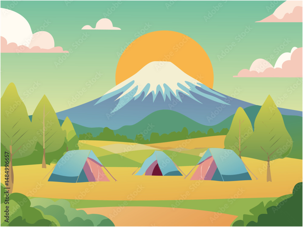 富士山をバックにしたキャンプサイトをイメージした背景素材2 富士山をバックにしたキャンプサイトをイメージした背景素材2