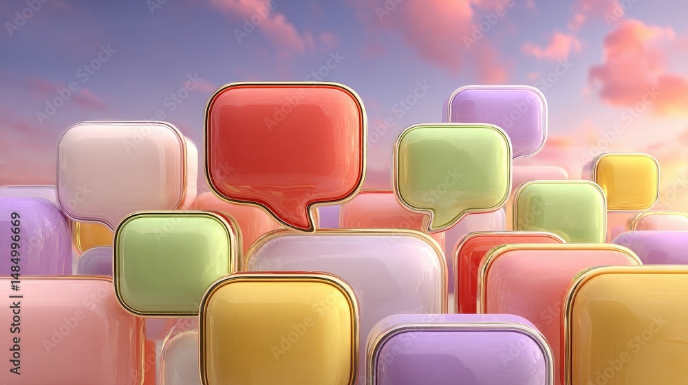 Fototapeta premium Floating pastel speech bubbles in a minimalist gradient space, symbolizing the exchange of feedback and creative ideas.