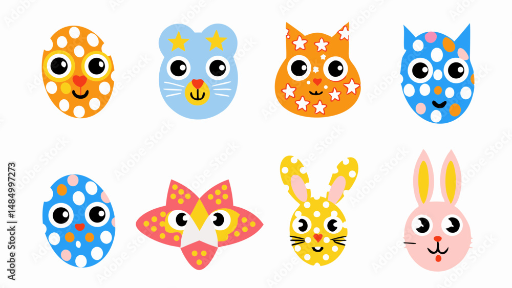 Collection of colorful animal faces including a bear, cat, owl, bunny, and star with polka dots and stars Collection of colorful animal faces including a bear, cat, owl, bunny, and star with polka dots and stars
