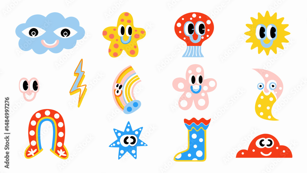 Collection of cartoon weather elements and shapes with cute faces on a white background scene Collection of cartoon weather elements and shapes with cute faces on a white background scene