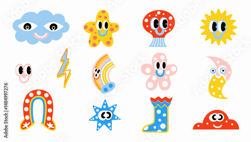 Collection of cartoon weather elements and shapes with cute faces on a white background scene