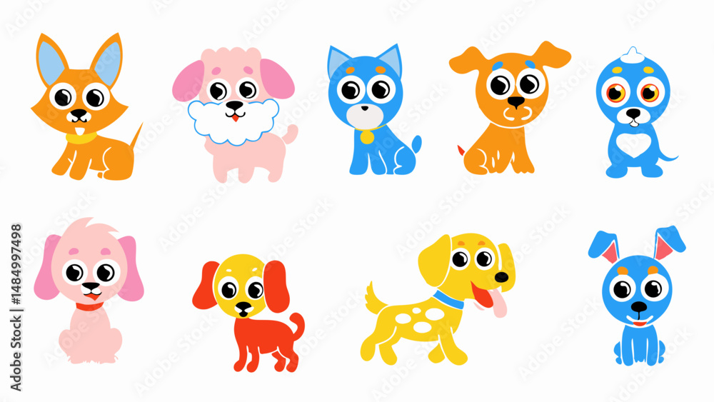 Naklejka premium Illustration of various cartoon dogs in different colors and styles on a white background, playful puppies