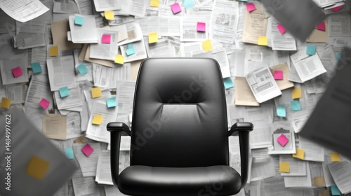 Black Office Chair Amidst a Wall of Documents and Sticky Notes