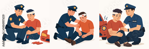 Collection of police accompanying accident victims in vector flat design style