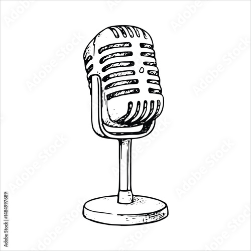 Hand-drawn microphone sketch, ideal for podcasting and recording designs. Black and white vector style, perfect for audio and media branding