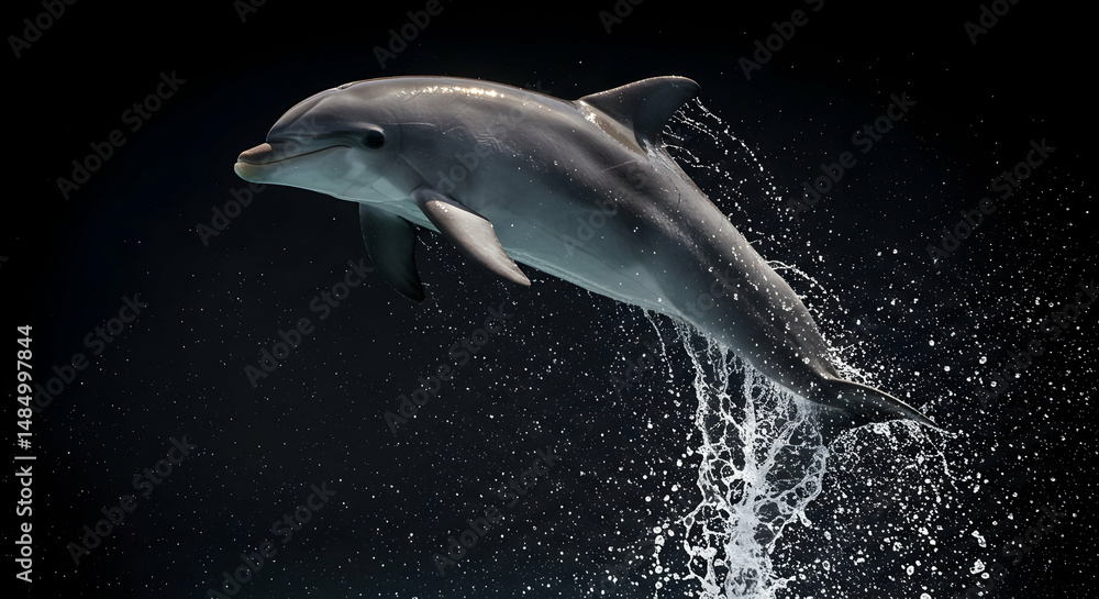 Obraz premium Dolphin Jumping Out of Water on Dark Background