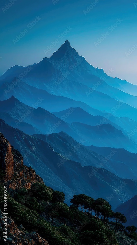Fototapeta premium Mountain silhouette under twilight sky, serene blue tones blending into dusk, nature's quiet grandeur
