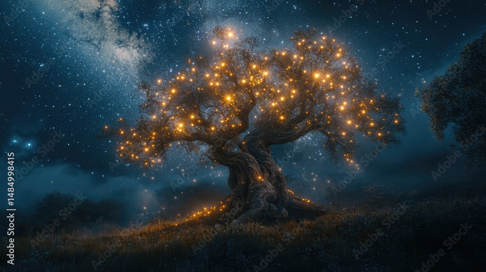Fototapeta premium Enchanting tree illuminated with glowing lights under a starry night sky
