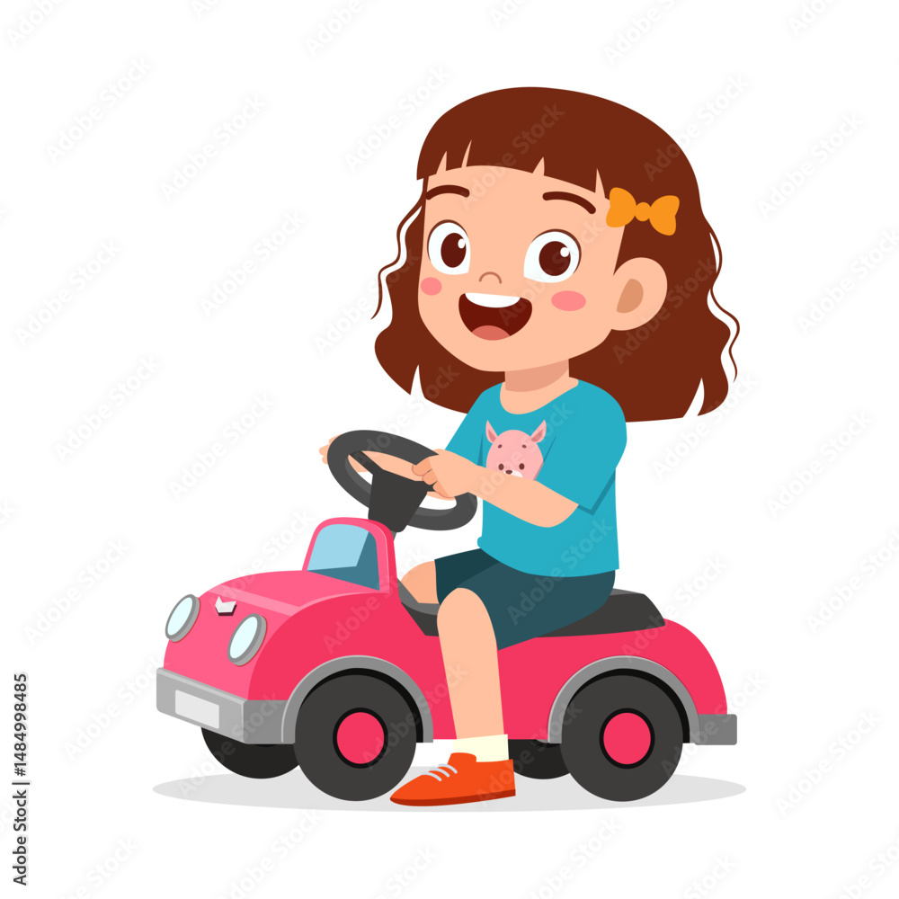 Happy Little Girl Driving a Pink Toy Car and Smiling, Illustration of Child Playing Car Happy Little Girl Driving a Pink Toy Car and Smiling, Illustration of Child Playing Car