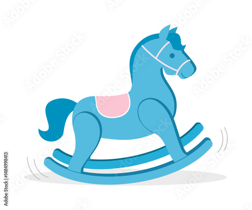 Illustration of a light blue rocking horse with pink saddle on white background