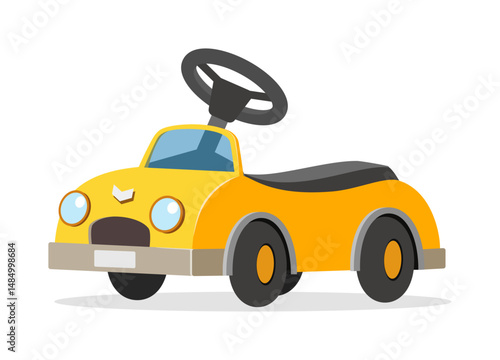 A Yellow Toy Car with Black Steering Wheel and Seat Isolated on White Background, Illustration