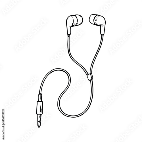 Hand-drawn earphones sketch, ideal for podcasting and music listening. Black and white vector style, perfect for media and creative designs