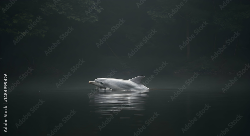Naklejka premium Dolphin Swimming in Dark Water Reflecting Forest