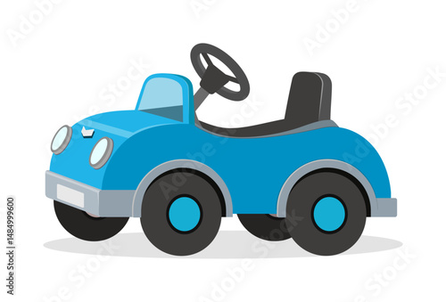 Illustration of Blue Toy Car with Steering Wheel and Black Seat on White Background