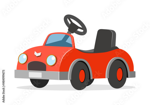 Illustration of a cute red toy car with a black seat and steering wheel on white background