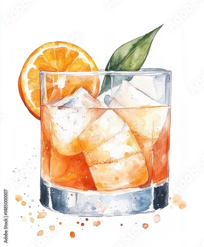 Cocktail with ice and orange slice in watercolor style.
