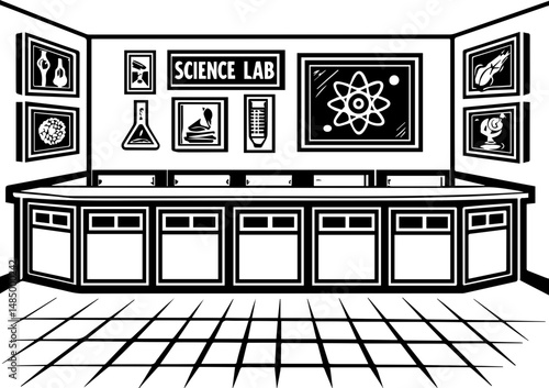 SVG vector of a laboratory and research facility focused on biology. Illustration of a Science Lab Interior with Models and Posters