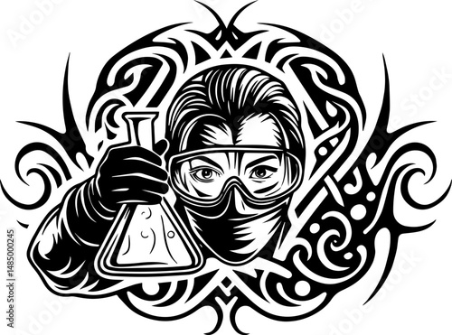 SVG vector of a laboratory and research facility focused on biology. Scientist Mixing Chemicals in a Flask with Emphasis on Safety Measures