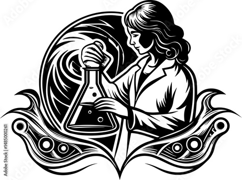 SVG vector of a laboratory and research facility focused on biology. Woman Pouring Reactive Solution into Erlenmeyer Flask in Laboratory