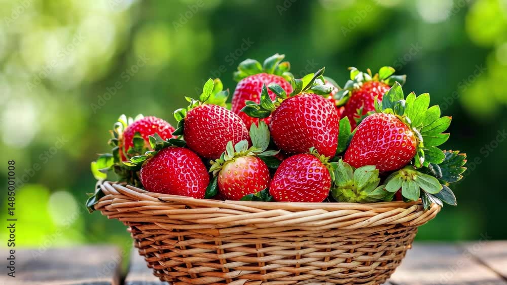 Fresh strawberries in wicker basket on rustic wooden table surrounded by greenery in bright daylight, Fresh strawberries in wicker basket on wooden table outdoors Fresh strawberries in wicker basket on rustic wooden table surrounded by greenery in bright daylight, Fresh strawberries in wicker basket on wooden table outdoors