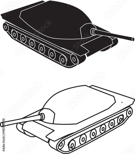 A vector illustration depicting two military tanks in black and white outline style. Ideal for use in military-themed graphics, educational materials, infographics, and defense-related projects.