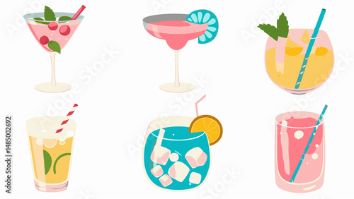 Illustration of various cocktails and drinks with different garnishes and colorful straws on white background