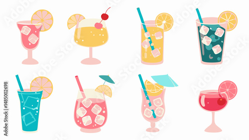 Illustration of various cocktails and drinks with ice cubes and fruit slices in different glasses