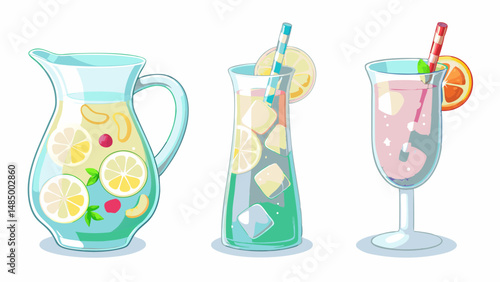 Illustration of a pitcher and two glasses filled with refreshing drinks and garnished with fruit slices