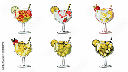 Six stylized cocktail glasses filled with various fruits and garnished with lemon slices and straws