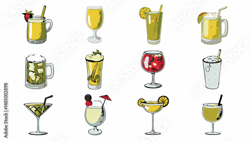 Illustration showcasing a diverse assortment of colorful cocktails and refreshing drinks in various glasswares