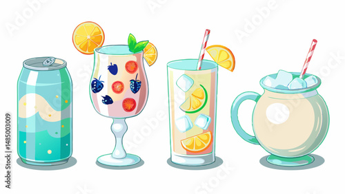 Illustration of four different refreshing drinks including a can, a fruit cocktail, lemonade and ice