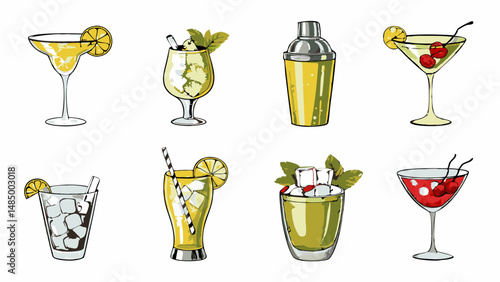 Illustration of various alcoholic and non alcoholic drinks with garnish and a cocktail shaker shown